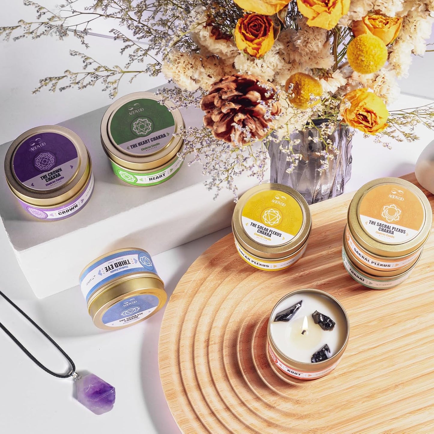 Chakra Candles with Healing Crystals - 7 Chakra Candle Set